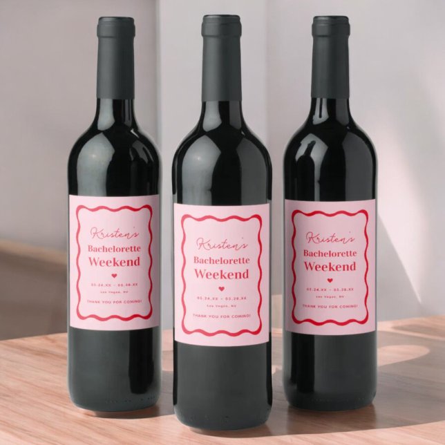 Pink and Red Retro Bachelorette Party Favours Wine Label (Creator Uploaded)