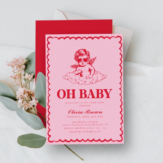 Pink and Red Retro Cherub Baby Shower Invitation (Creator Uploaded)