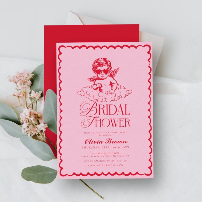 Pink and Red Retro Cherub Bridal Shower Invitation (Creator Uploaded)