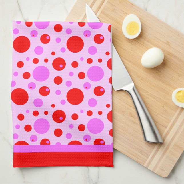 Pink and Red Retro Circles and Polka Dots on Pink Tea Towel (Quarter Fold)