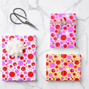 Pink and Red Retro Circles and Polka Dots Wrapping Paper Sheet