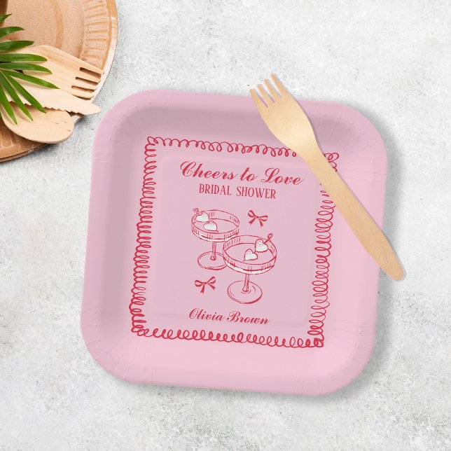 Pink and Red Retro Hand Drawn Bridal Shower Paper Plate (Creator Uploaded)
