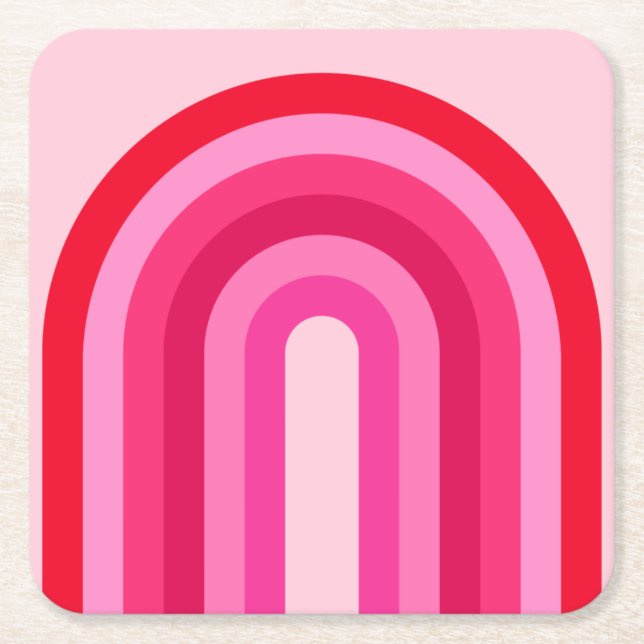 Pink And Red Retro Rainbow Square Paper Coaster (Front)