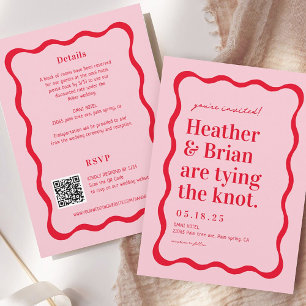 Pink and Red Retro Tying The Knot QR Wedding  Invitation