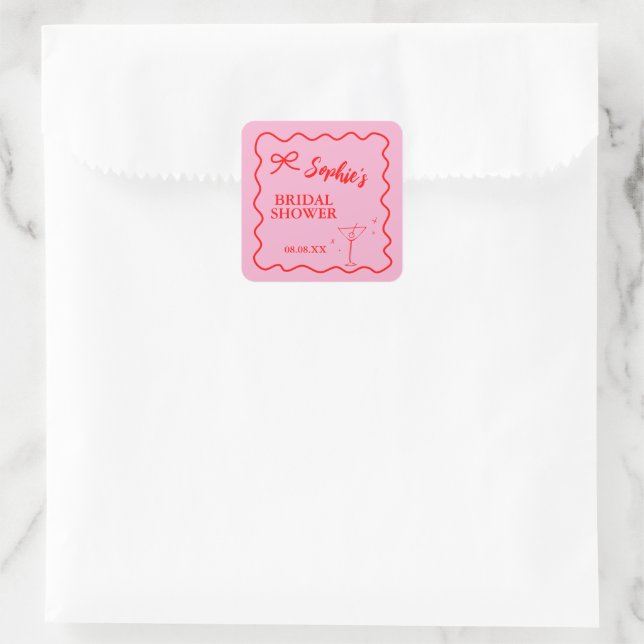 Pink and red Retro Wavy Bridal Shower Martini Square Sticker (Bag)