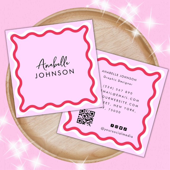 Pink and Red Retro Wavy Frame Modern Script Name Square Business Card (Creator Uploaded)