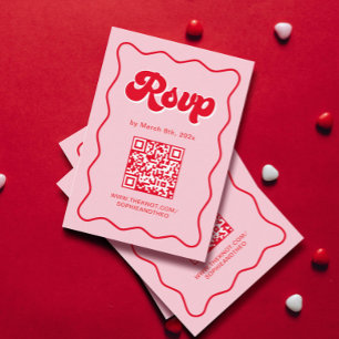 Pink and Red Retro Wedding RSVP QR Code Enclosure Card