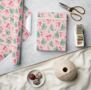 Pink and red ribbon and green sprig wrapping paper