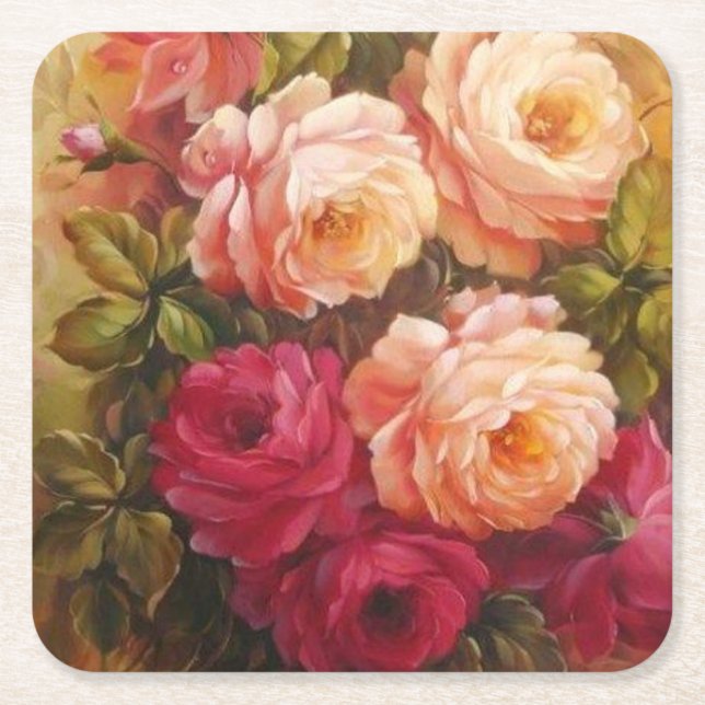 Pink and Red Roses Fine Art Square Paper Coaster (Front)