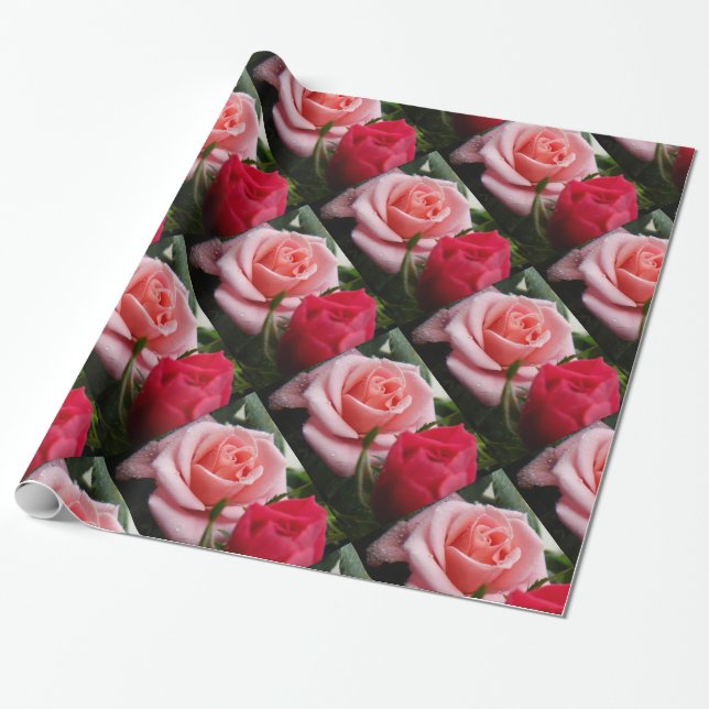 Pink and Red Roses Pattern Wrapping Paper (Unrolled)