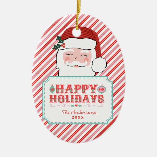 Pink and Red Santa | Happy Holidays Ceramic Tree Decoration (Front)