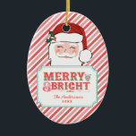Pink and Red Santa | Merry & Bright  Ceramic Tree Decoration<br><div class="desc">This Christmas ornament features a cheerful Santa design with text that says "Merry & Bright." You can personalise with your name and year at the bottom. On the back is another coordinating pink and red diagonal stripe pattern.</div>