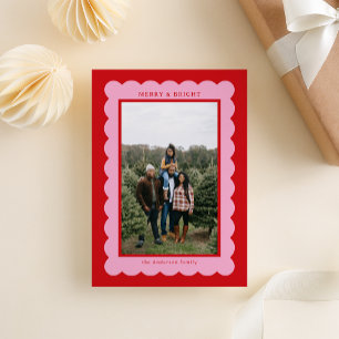 Pink and Red Simple Scallop Photo Frame Holiday Card