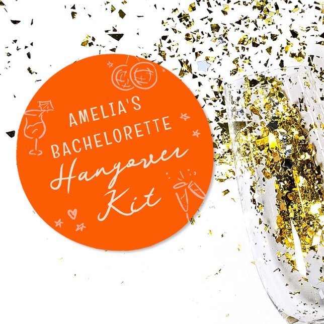 Pink and Red Sketch Bachelorette Hangover Kit Classic Round Sticker (Pink and red girly sketch illustrations bachelorette weekend party hangover kit stickers.)