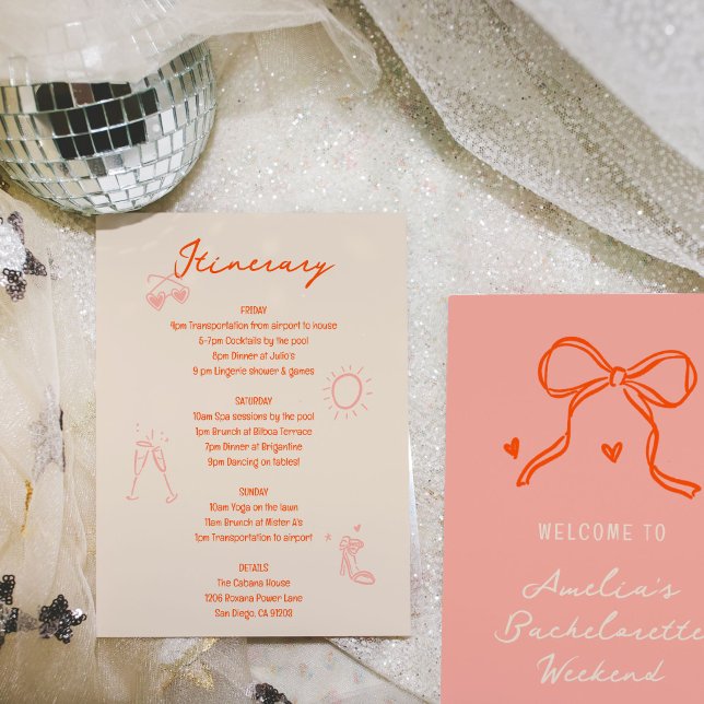 Pink and Red Sketch Bachelorette Weekend Itinerary Invitation (Pink and red sketch illustrations bachelorette party weekend itinerary and welcome card.)
