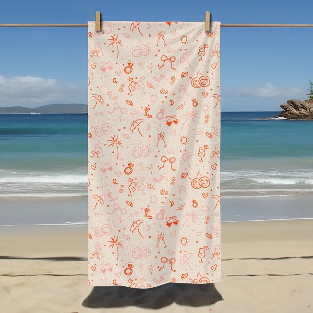 Pink and Red Sketch Bachelorette Weekend Party Beach Towel (Pink and red hand drawn sketch illustrations girly icons bachelorette weekend party beach towel.)