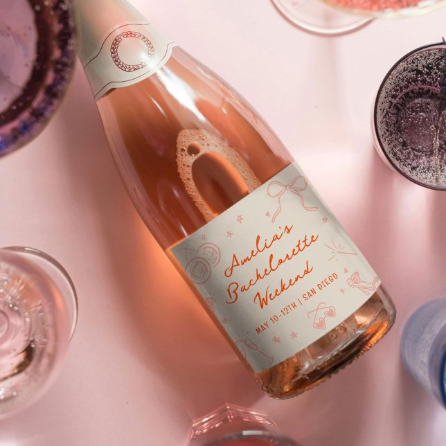 Pink and Red Sketch Bachelorette Weekend Sparkling Wine Label (Pink and red bachelorette party sparkling wine bottle labels.)