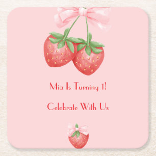 Pink and Red strawberries birthday Square Paper Coaster