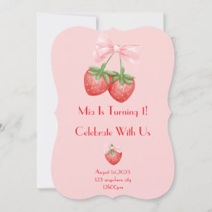 Pink and Red strawberries girl birthday  Invitation