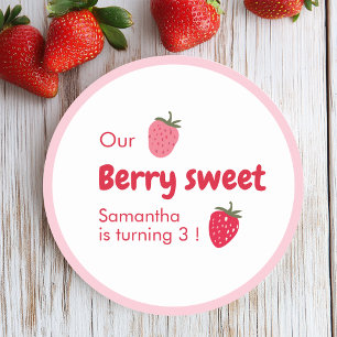 Pink and Red Strawberry Birthday Classic Round Sticker