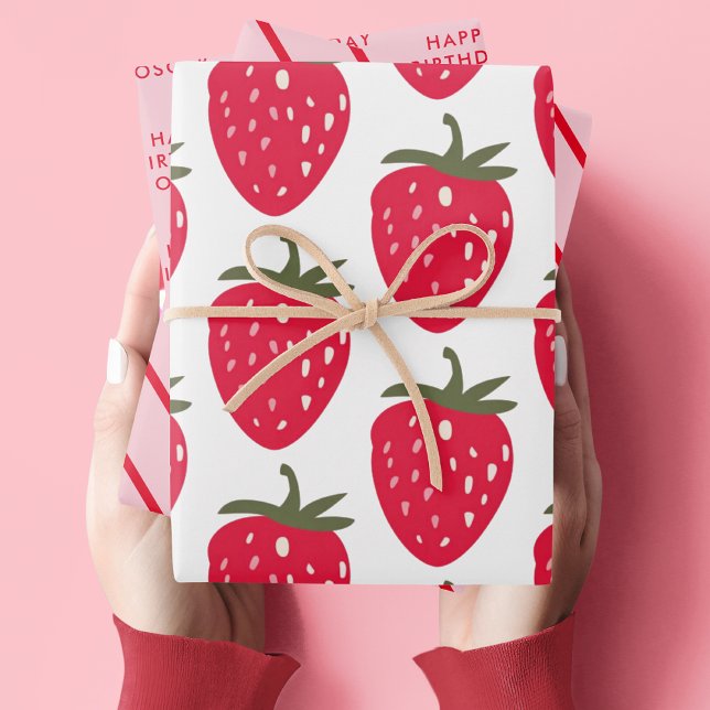 Pink and Red Strawberry Birthday Wrapping Paper Sheet (Creator Uploaded)