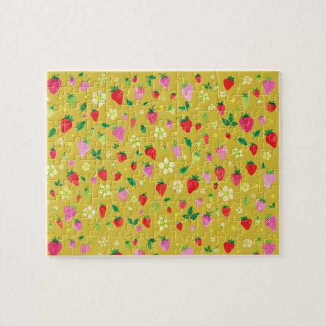 Pink and Red Strawberry Fields on Chartreuse Jigsaw Puzzle (Horizontal)