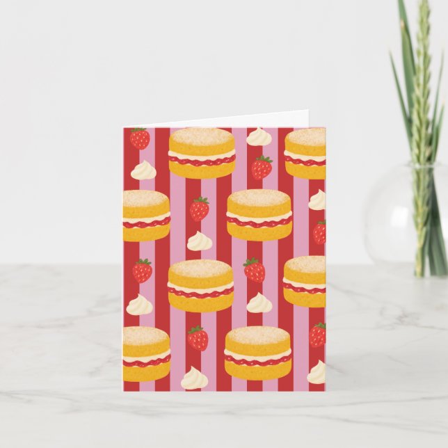 Pink and red striped card with cake pattern  (Front)