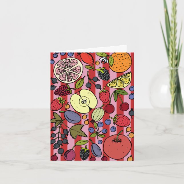 Pink and red striped card with colourful fruit (Front)