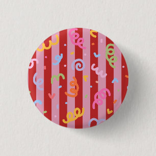 Pink and red striped, with confetti design 3 cm round badge
