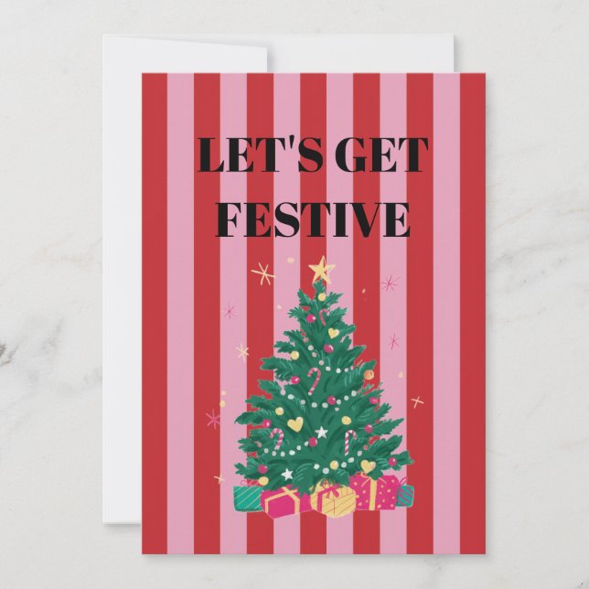 Pink and red stripes and Christmas tree Invitation (Front)