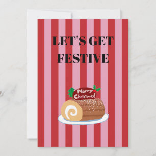 Pink and red stripes and Christmas yule log Invitation
