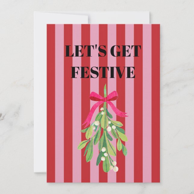 Pink and red Stripes, festive mistletoe Invitation (Front)