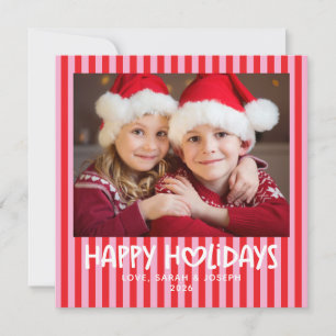 Pink and REd Stripes Heart Photo Happy Holiday Card