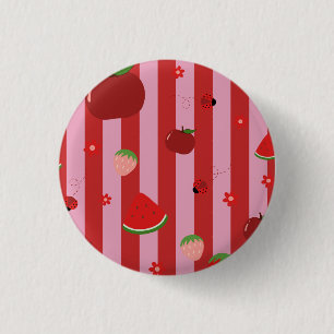 Pink and red stripes, with a fruity pattern 3 cm round badge