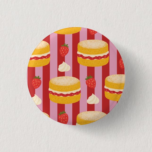 Pink and red stripes with cake pattern  3 cm round badge (Front)
