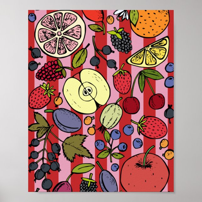 Pink and red stripes with colourful fruit poster (Front)