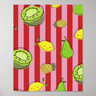 Pink and red stripes with fruit pattern poster