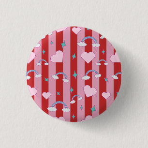 Pink and red stripes with rainbows and hearts 3 cm round badge