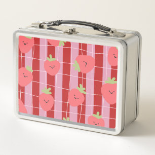 Pink and red stripes, with strawberries metal lunch box