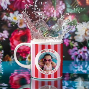 Pink and Red Strped Personalised Family Photo Coffee Mug