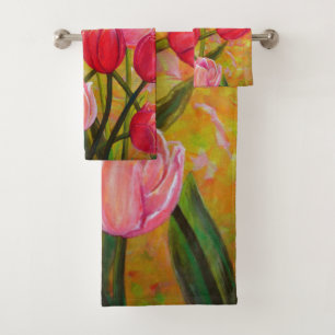 Pink and Red Tulip Arrangement Bath Towel Set