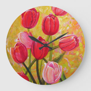 Pink and Red Tulips Painting Large Clock