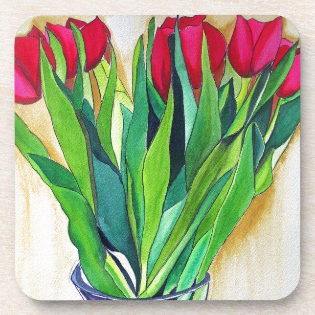 pink and red tulips watercolor art coaster (Front)