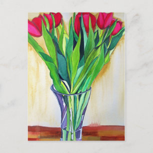 pink and red tulips watercolor art postcard