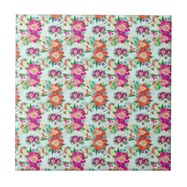 Pink and Red Vintage Floral Pattern Tile (Front)