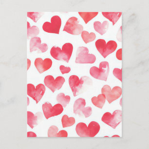 Pink and Red Watercolor Heart Valentine's Greeting Postcard