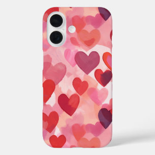 Pink and Red Watercolor Hearts Romantic Coquette iPhone 16 Case