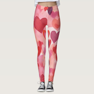 Pink and Red Watercolor Hearts Romantic Coquette Leggings