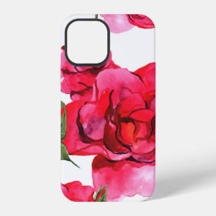 Pink and Red Watercolor Roses on White iPhone 12 Case