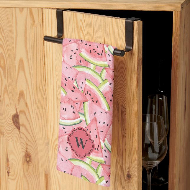 Pink and Red Watermelon Pattern with Monogram Tea Towel (Thirds Fold)